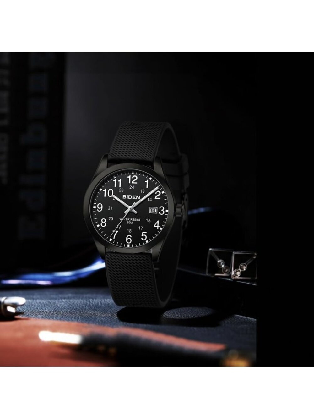 Men's All Black Analog Quartz Expansion Band Easy Reader Waterproof Wrist Watch - Picture 4 of 6